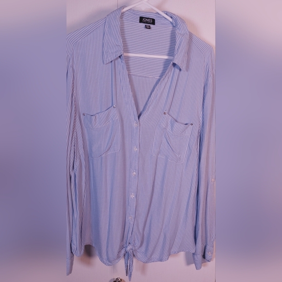 Jones New York Striped Blouse Size XXL Front Tie Top Preppy Classic Soft Boho - Picture 2 of 9